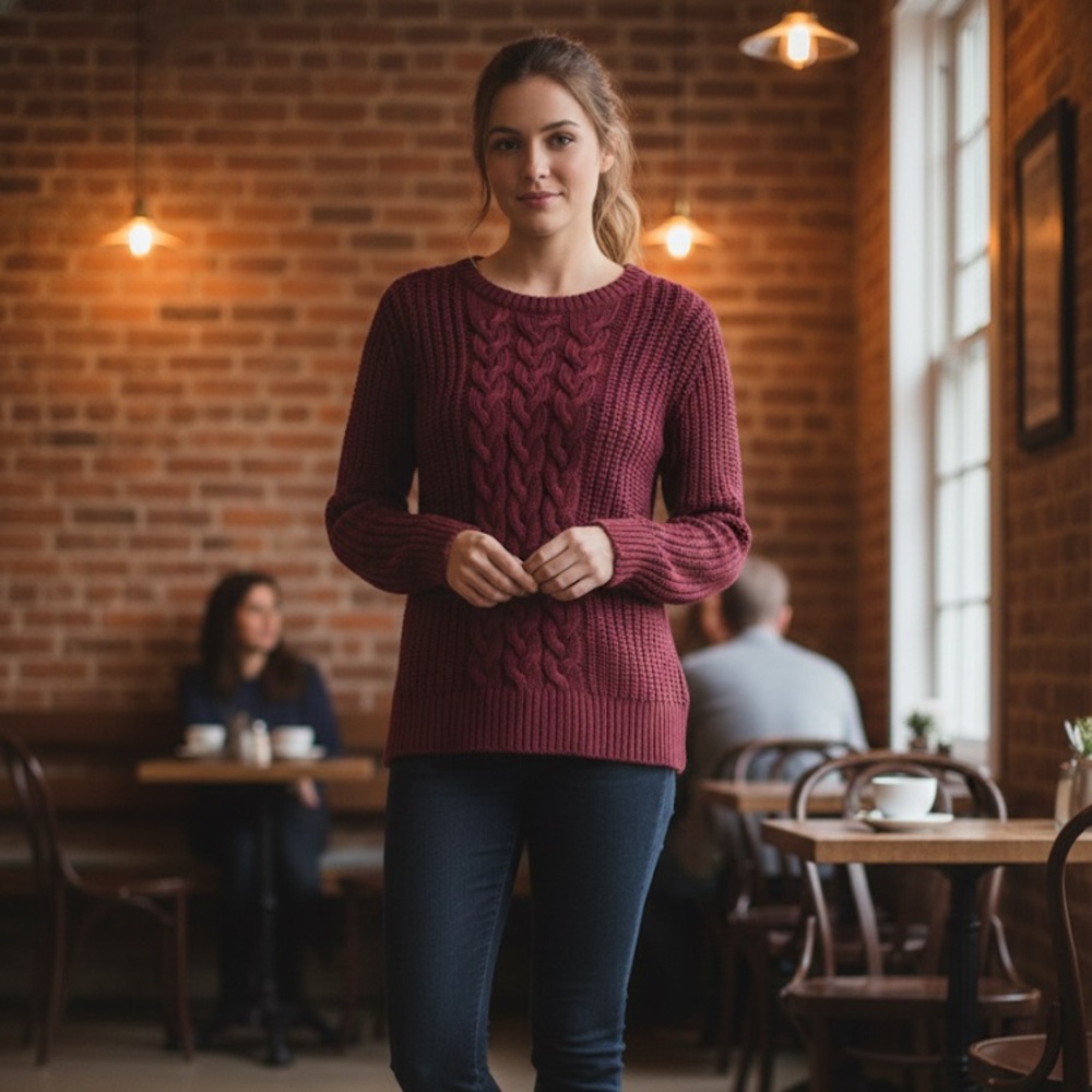 Nautica Women's Cable Knit Crewneck Sweater - Size M - Burgundy/Maroon